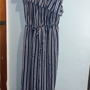 Stylish Navy and White Striped Kids One Shoulder Jumpsuit